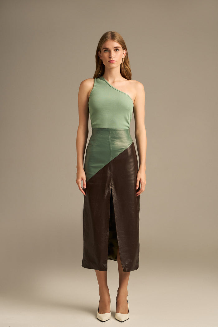Leather Midi Skirt Petrol-Brown